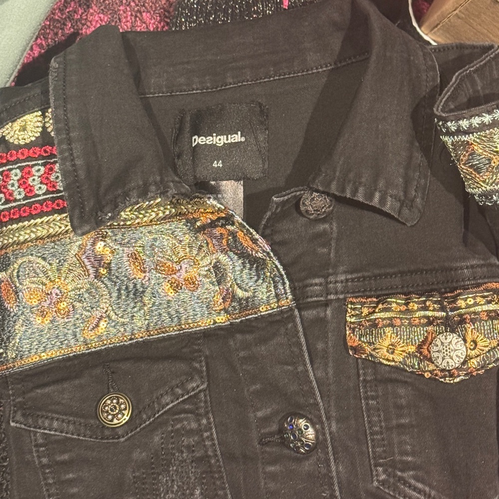 Desigual Black Jacket with Multicolor Embroidery